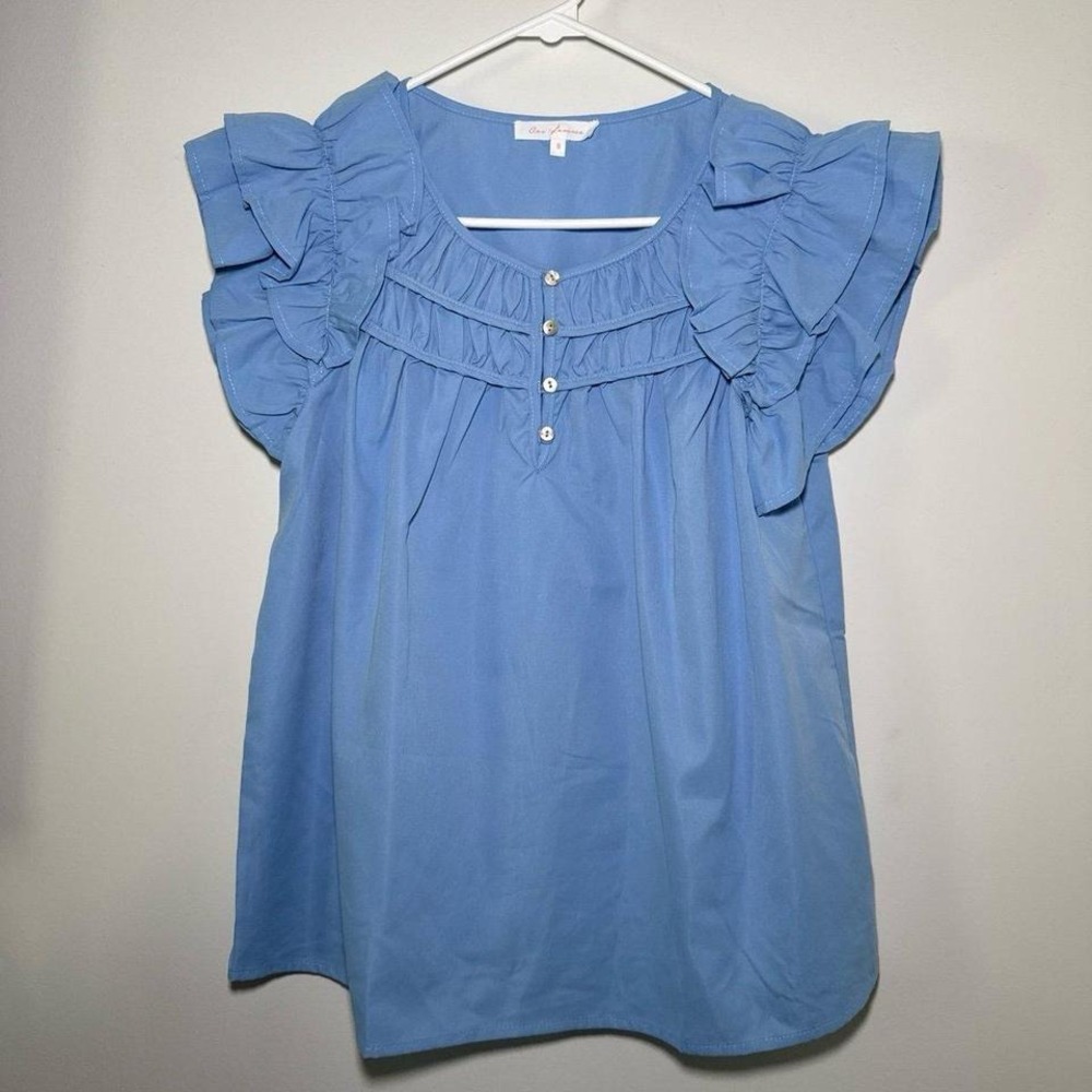 Ces Femme Women's Blue Ruffled Sleeve Blouse Size Small‎